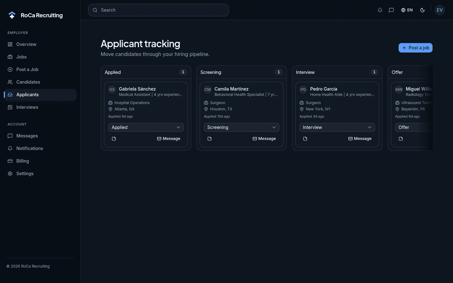 RoCa employer dashboard preview
