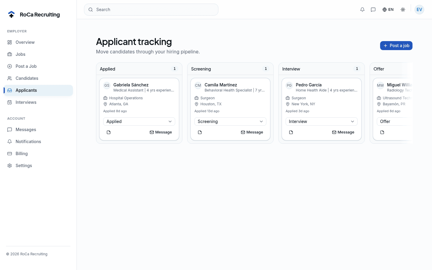 RoCa employer dashboard preview